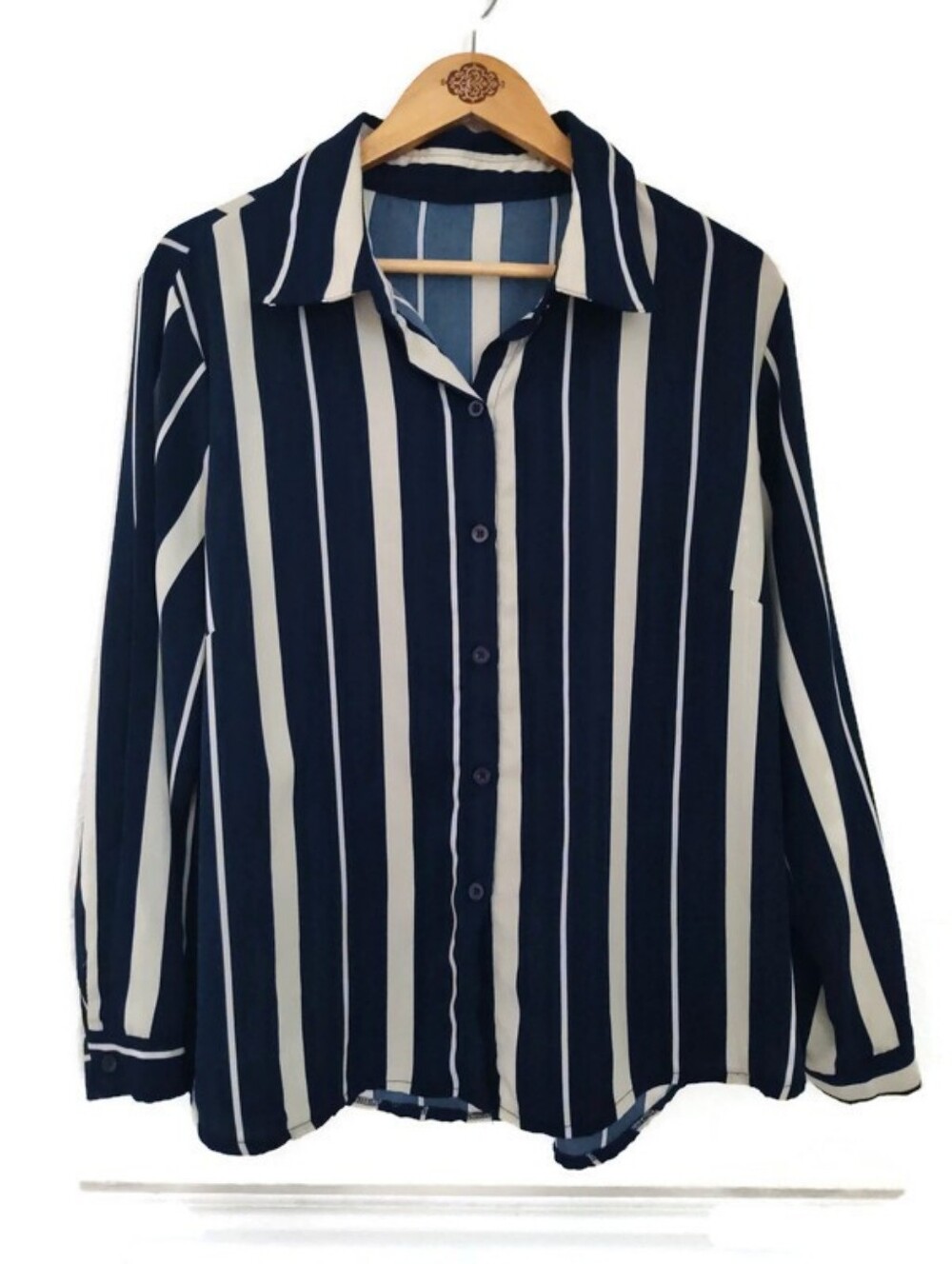 Navy And Cream Beautiful Women's Striped Shirt Top Plus Size 1X